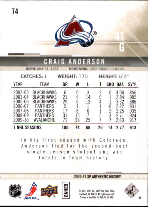 2010-11 SP Authentic #74 Craig Anderson back image