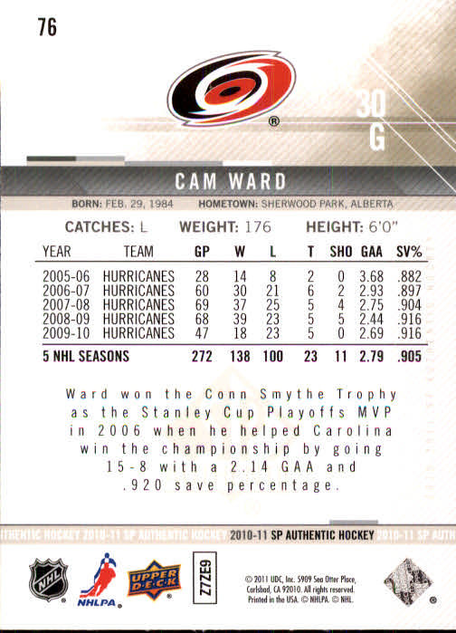 2010-11 SP Authentic #76 Cam Ward back image