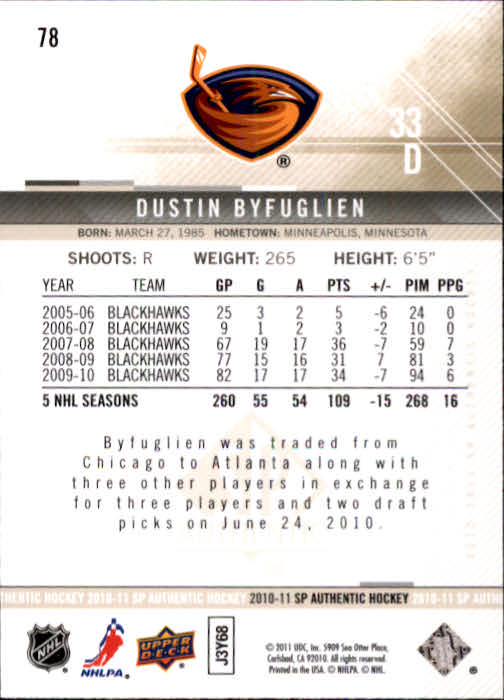 2010-11 SP Authentic #78 Dustin Byfuglien back image
