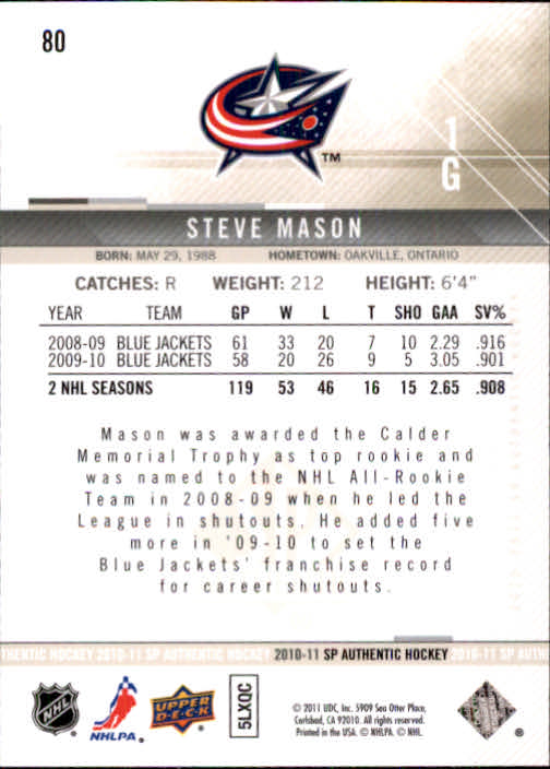2010-11 SP Authentic #80 Steve Mason back image
