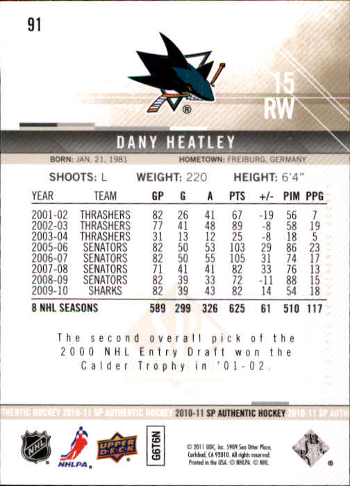 2010-11 SP Authentic #91 Dany Heatley back image