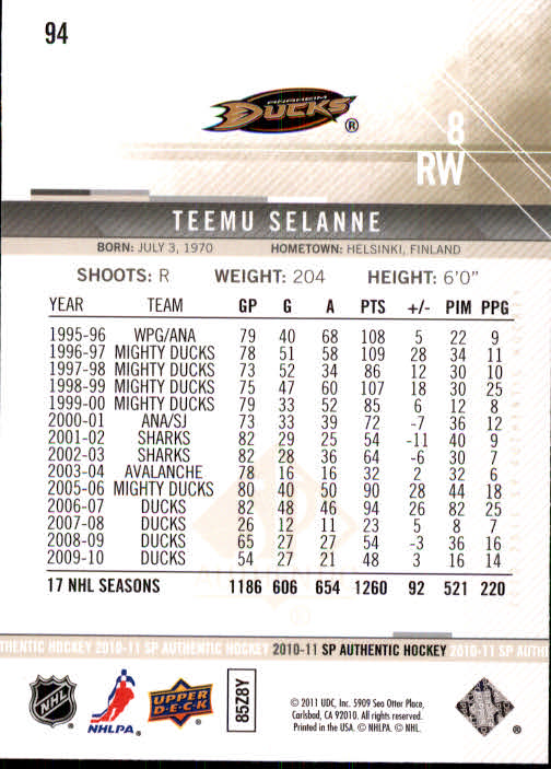 2010-11 SP Authentic #94 Teemu Selanne back image