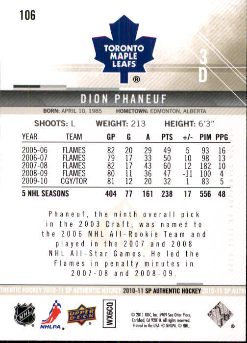 2010-11 SP Authentic #106 Dion Phaneuf back image