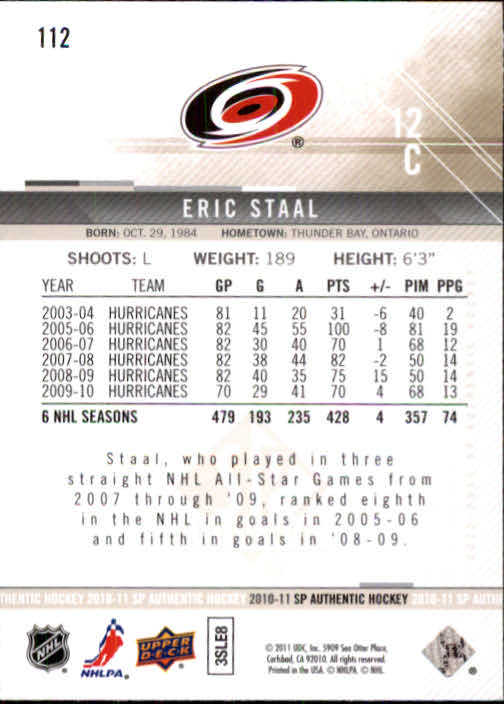 2010-11 SP Authentic #112 Eric Staal back image