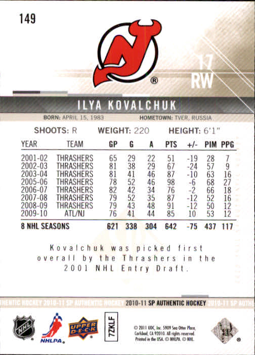 2010-11 SP Authentic #149 Ilya Kovalchuk back image