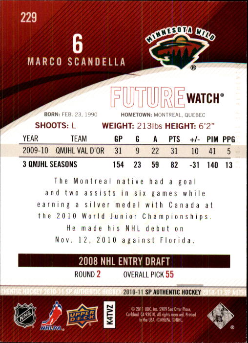 2010-11 SP Authentic #229 Marco Scandella RC back image