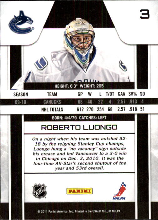 2010-11 Zenith #3 Roberto Luongo back image