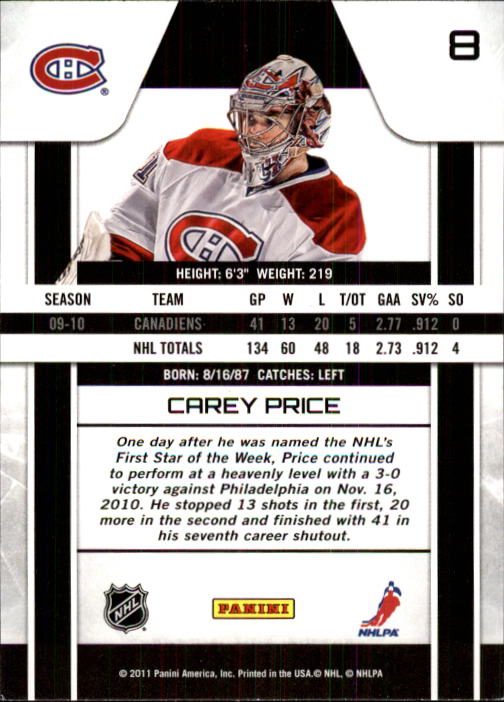 2010-11 Zenith #8 Carey Price back image