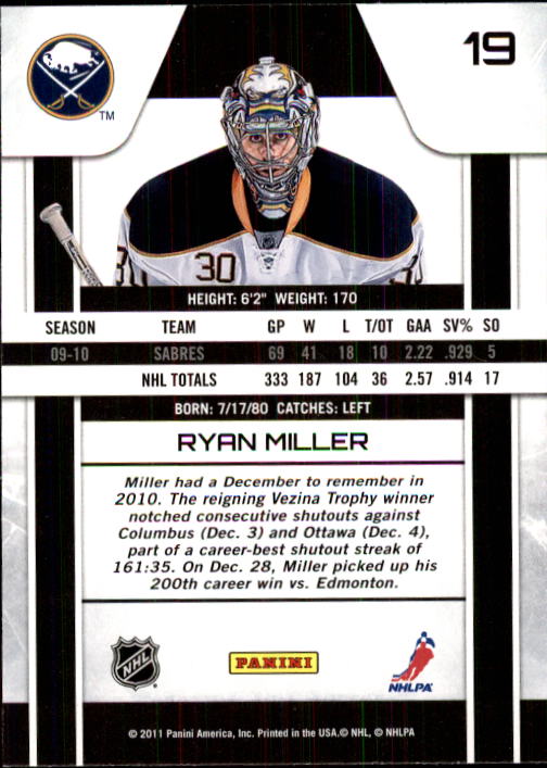 2010-11 Zenith #19 Ryan Miller back image