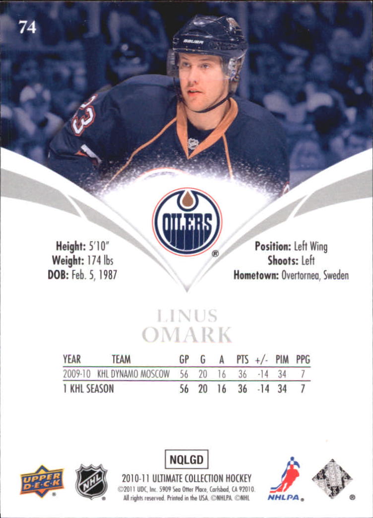 2010-11 Ultimate Collection #74 Linus Omark RC back image