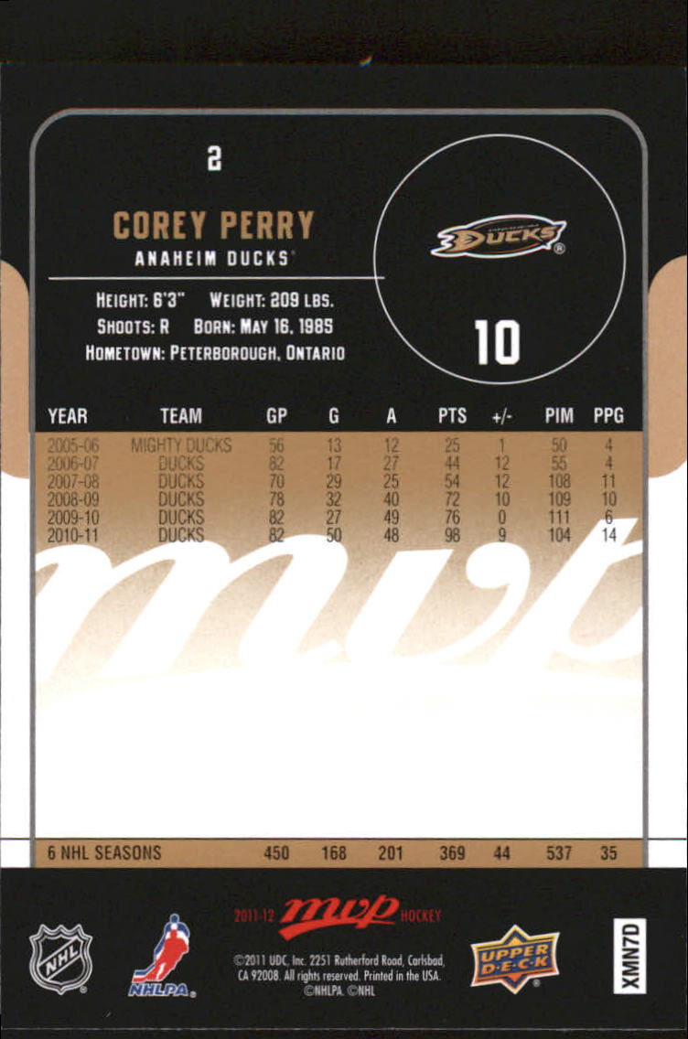2011-12 Upper Deck MVP #2 Corey Perry back image