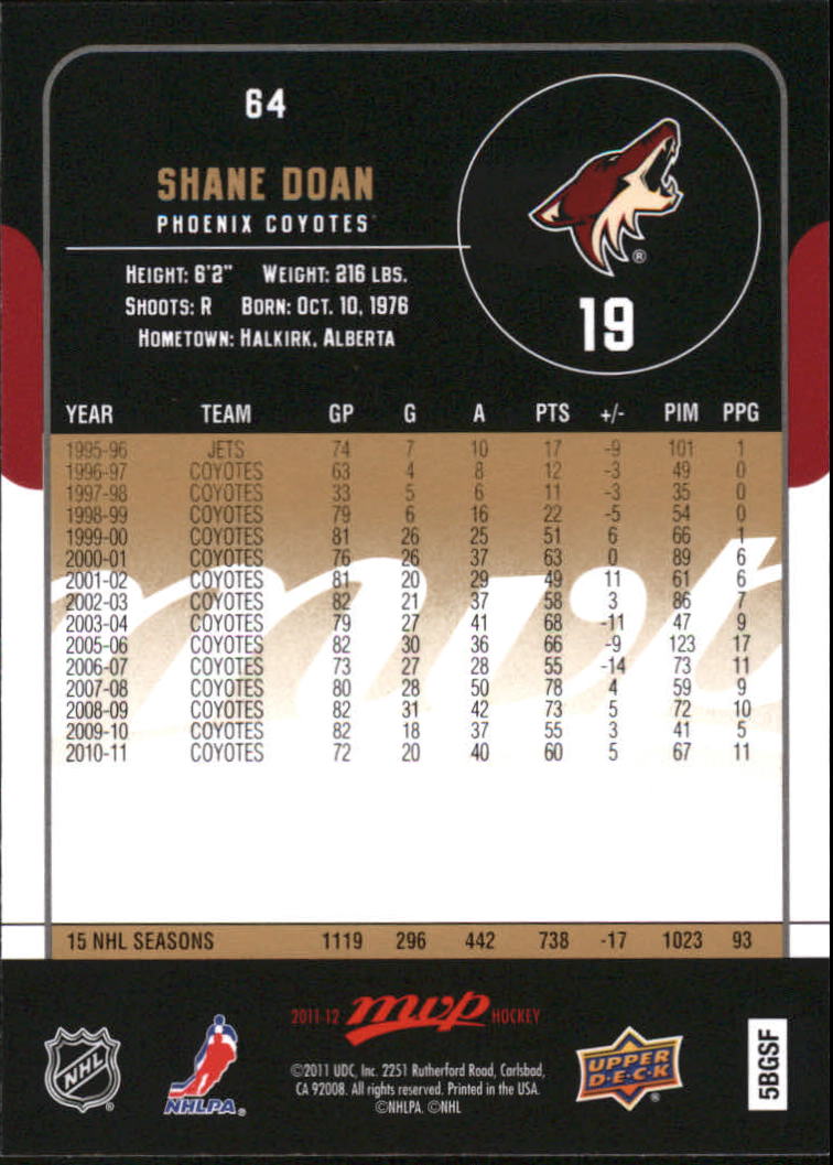 2011-12 Upper Deck MVP #64 Shane Doan back image