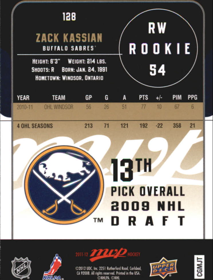 2011-12 Upper Deck MVP #128 Zack Kassian RC back image