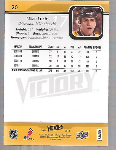 2011-12 Upper Deck Victory #20 Milan Lucic back image