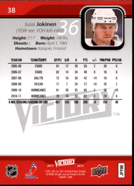 2011-12 Upper Deck Victory #38 Jussi Jokinen back image