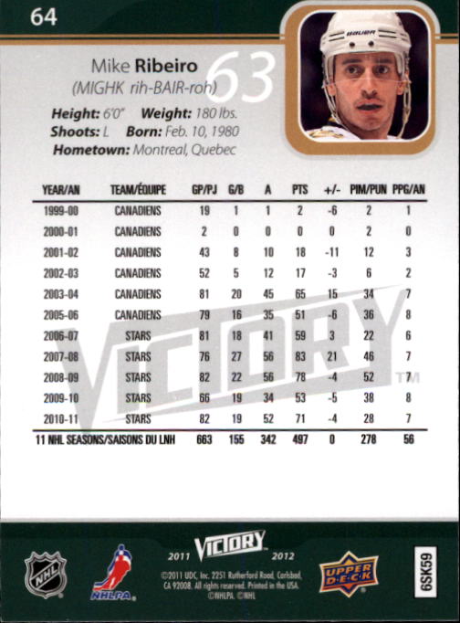 2011-12 Upper Deck Victory #64 Mike Ribeiro back image