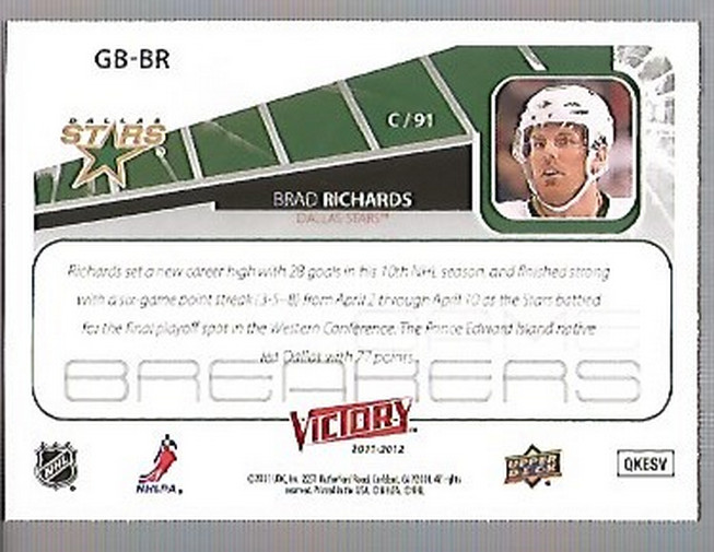 2011-12 Upper Deck Victory Game Breakers #GBBR Brad Richards back image