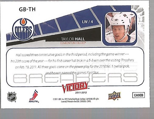2011-12 Upper Deck Victory Game Breakers #GBTH Taylor Hall back image