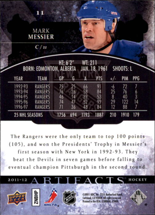 2011-12 Artifacts #11 Mark Messier back image