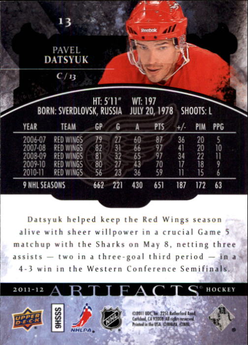2011-12 Artifacts #13 Pavel Datsyuk back image