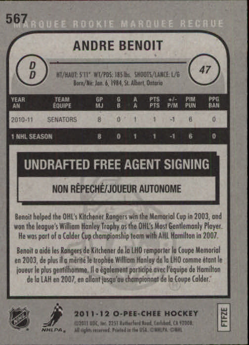 2011-12 O-Pee-Chee #567 Andre Benoit RC back image