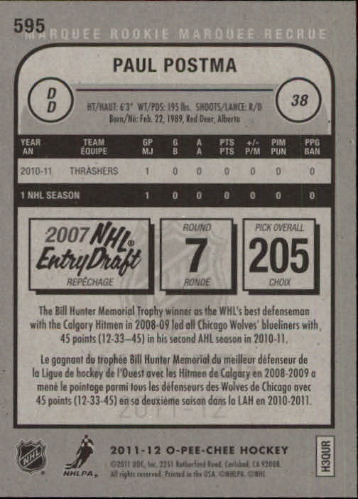 2011-12 O-Pee-Chee #595 Paul Postma RC back image