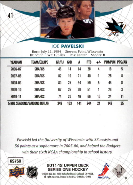 2011-12 Upper Deck #41 Joe Pavelski back image