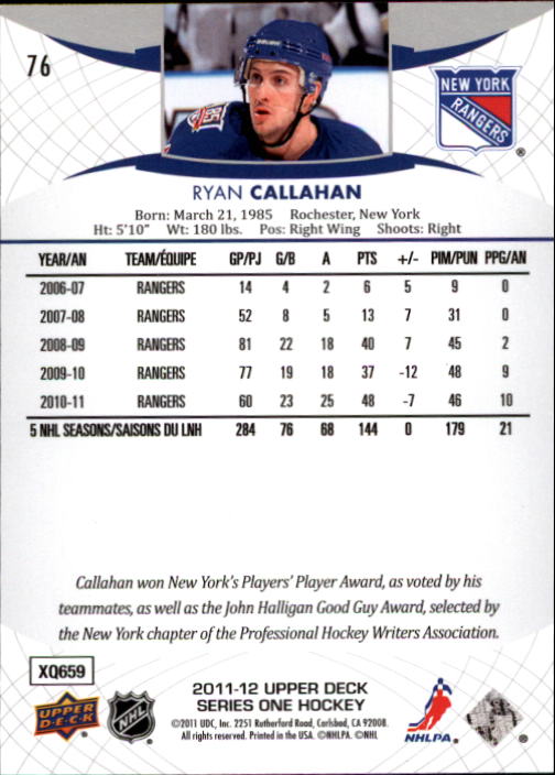 2011-12 Upper Deck #76 Ryan Callahan back image