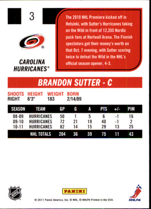 2011-12 Score #3 Brandon Sutter SH back image