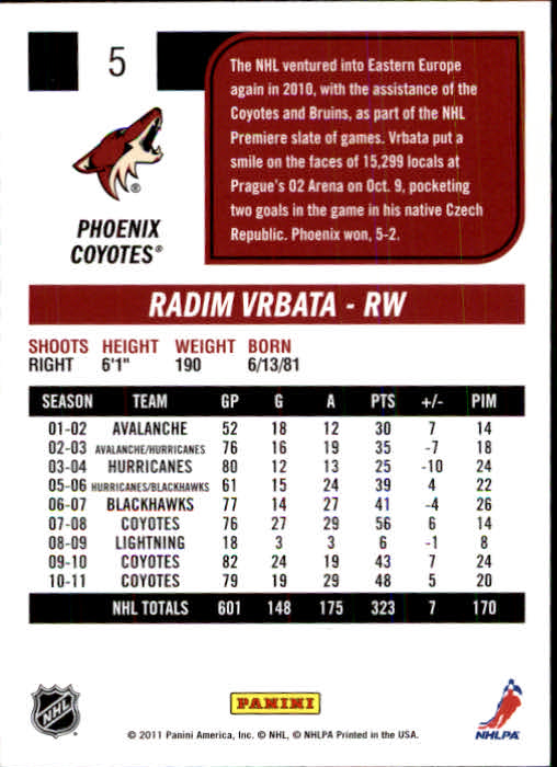 2011-12 Score #5 Radim Vrbata SH back image