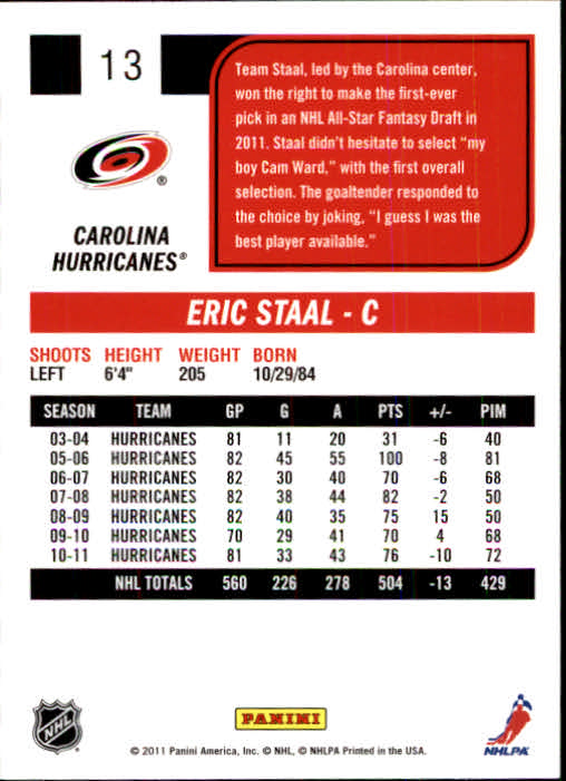 2011-12 Score #13 Eric Staal SH back image