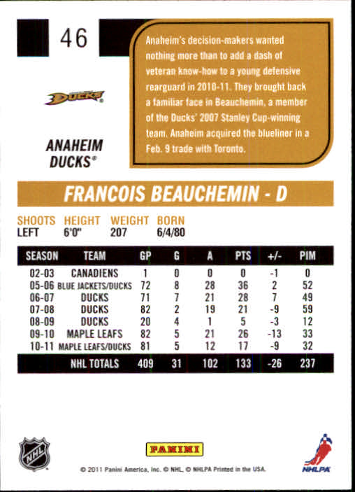 2011-12 Score #46 Francois Beauchemin back image