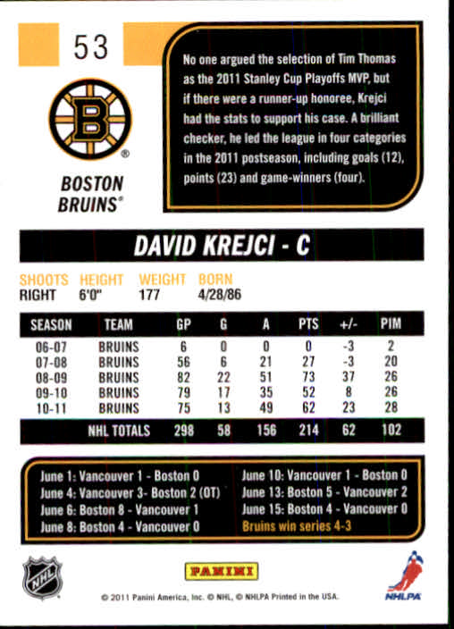 2011-12 Score #53 David Krejci back image