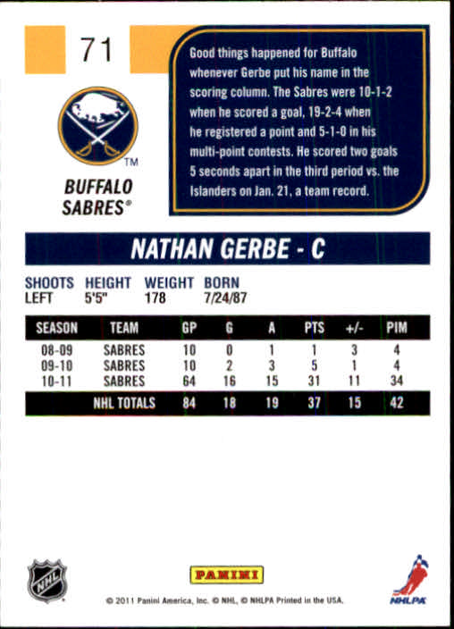 2011-12 Score #71 Nathan Gerbe back image