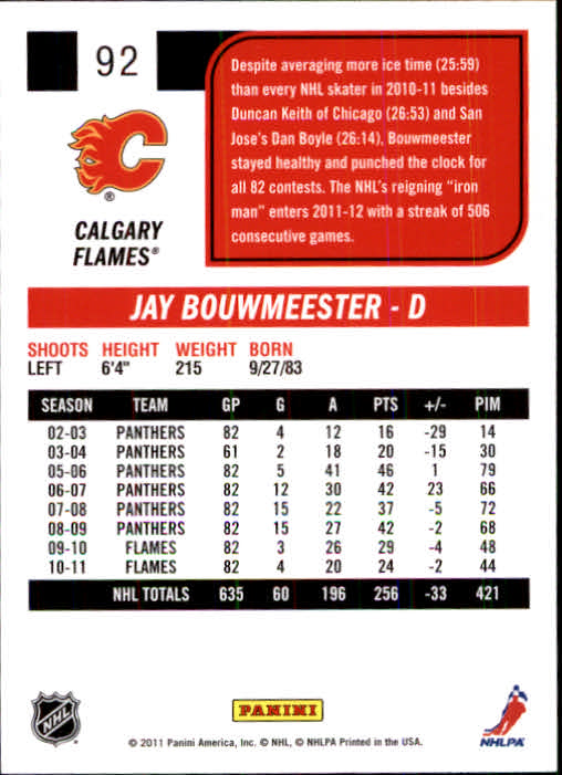 2011-12 Score #92 Jay Bouwmeester back image