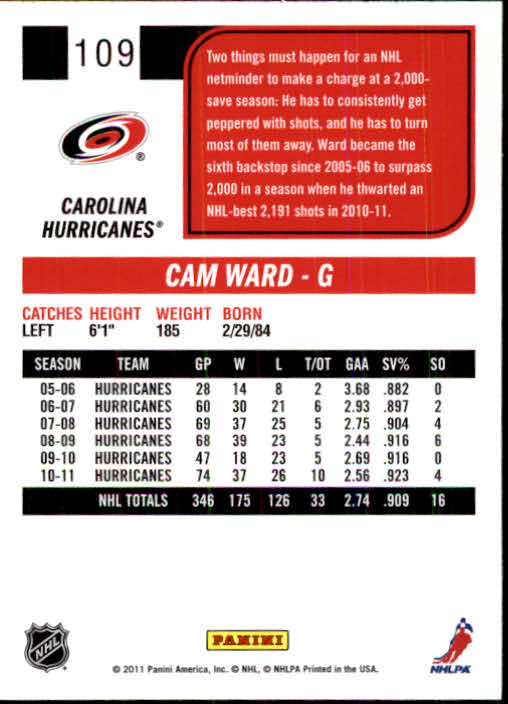 2011-12 Score #109 Cam Ward back image