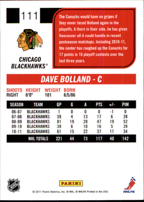 2011-12 Score #111 Dave Bolland back image