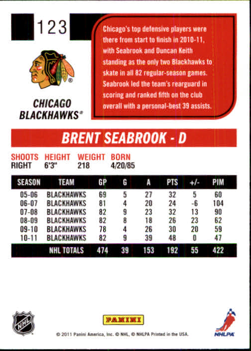 2011-12 Score #123 Brent Seabrook back image