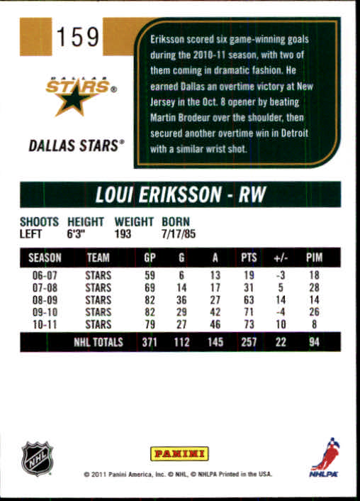 2011-12 Score #159 Loui Eriksson back image