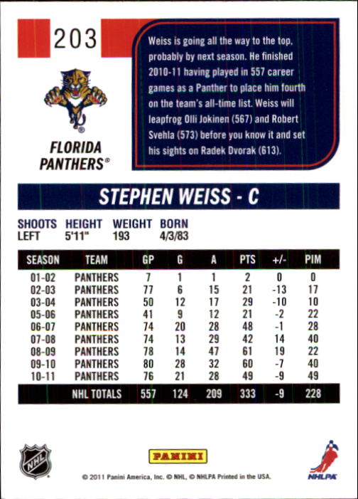 2011-12 Score #203 Stephen Weiss back image