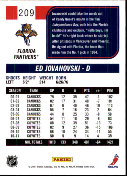 2011-12 Score #209 Ed Jovanovski back image