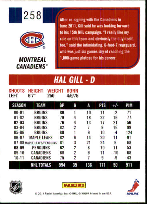 2011-12 Score #258 Hal Gill back image