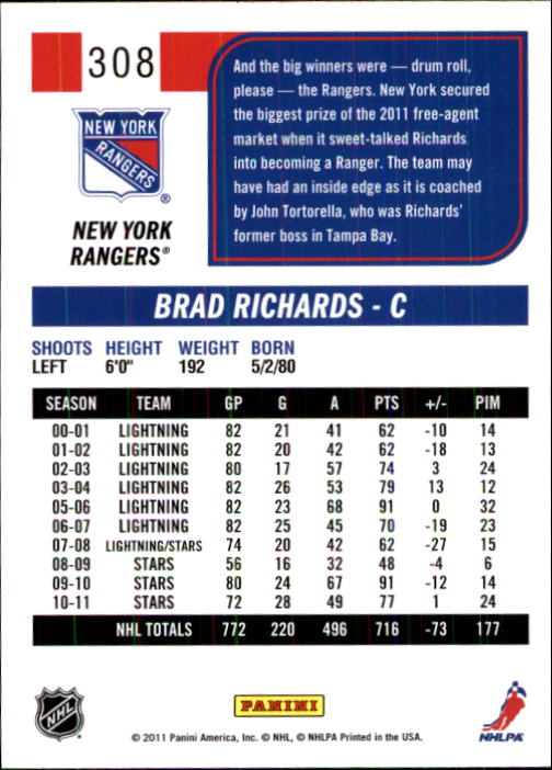 2011-12 Score #308 Brad Richards back image