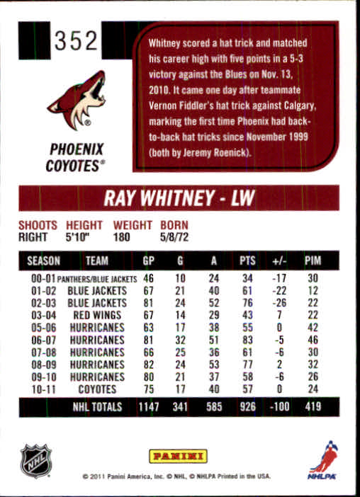 2011-12 Score #352 Ray Whitney back image