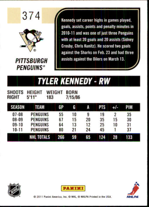 2011-12 Score #374 Tyler Kennedy back image