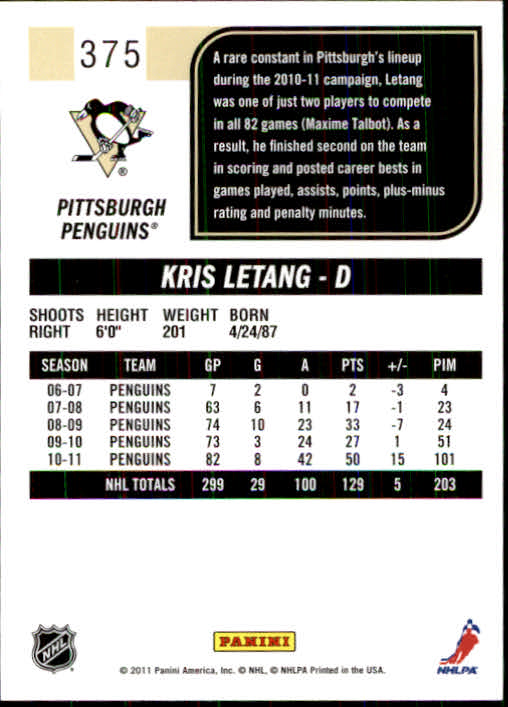 2011-12 Score #375 Kristopher Letang back image
