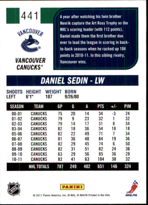 2011-12 Score #441 Daniel Sedin back image