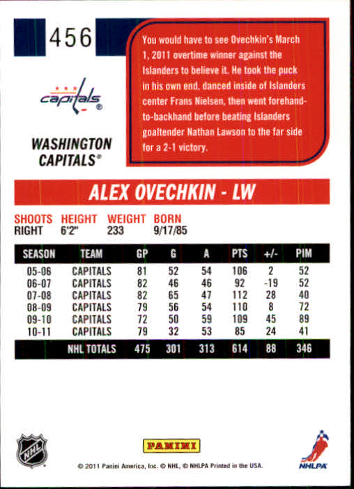 2011-12 Score #456 Alexander Ovechkin back image