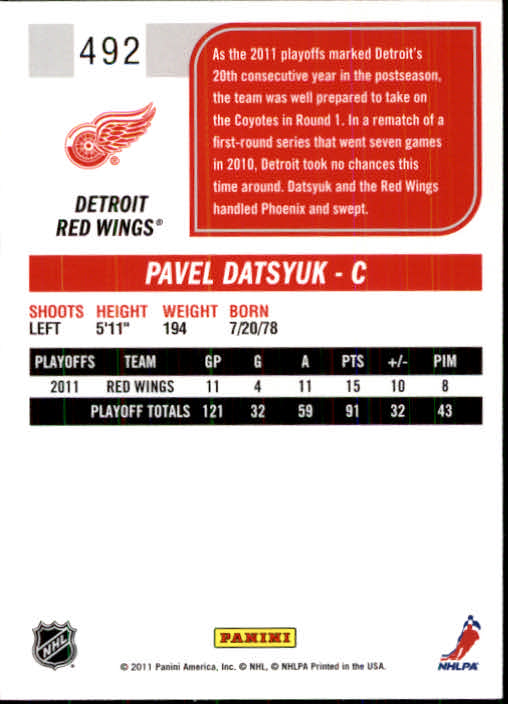 2011-12 Score #492 Pavel Datsyuk HL back image