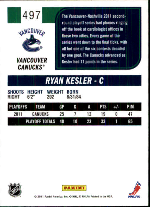 2011-12 Score #497 Ryan Kesler HL back image